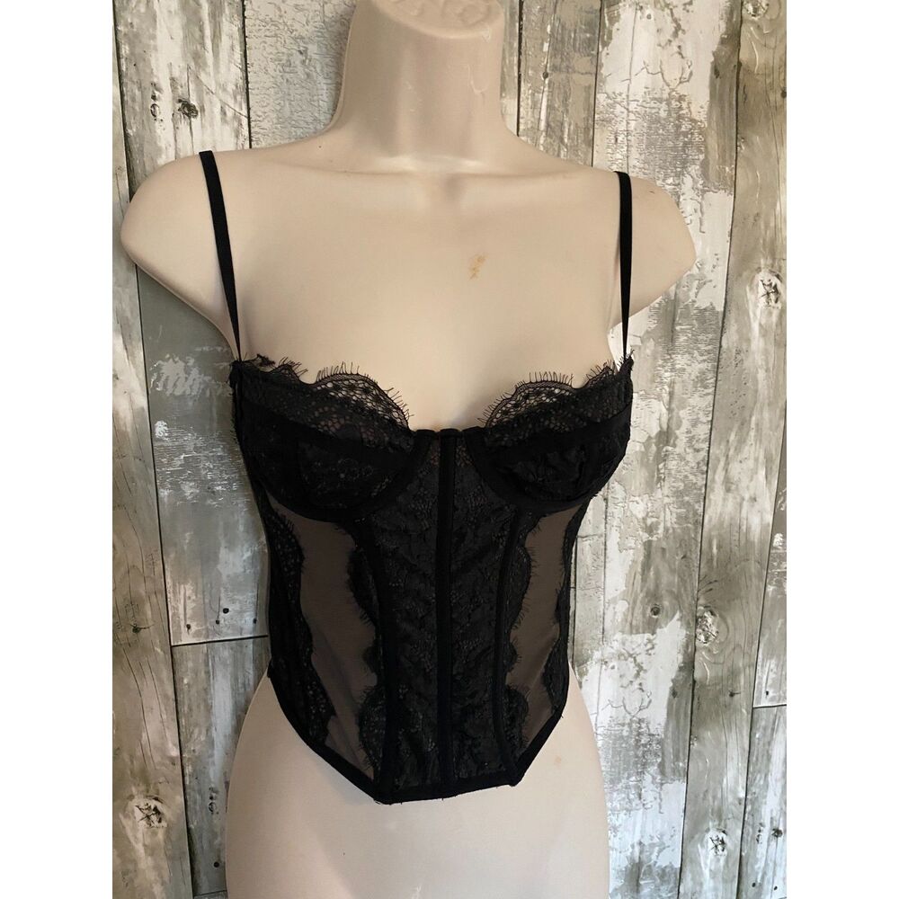 Out from Under black and taupe sheer lace boned bustier corset top S